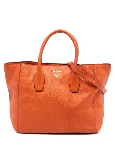 Pre-owned Prada 2000-2025 Vitello Daino Open Convertible Tote Satchel In Orange