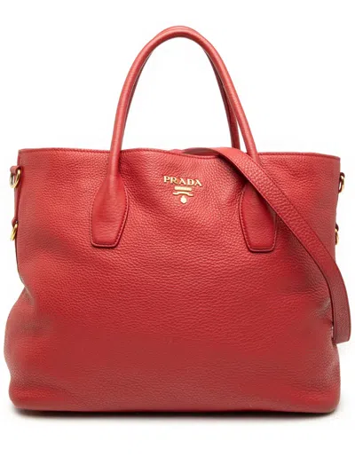 Pre-owned Prada 2000-2025 Vitello Daino Open Convertible Tote Satchel In Red