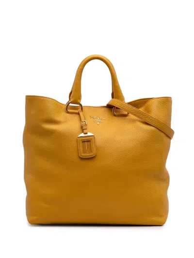 Pre-owned Prada 2000-2025 Vitello Daino Open Convertible Tote Satchel In Yellow