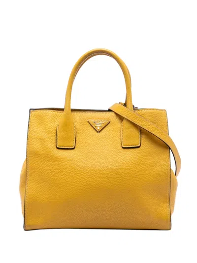 Pre-owned Prada 2000-2025 Vitello Daino Open Convertible Tote Satchel In Yellow