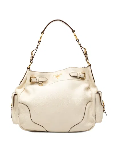 Pre-owned Prada 2000-2025 Vitello Daino Side Flap Pockets Shoulder Bag In White
