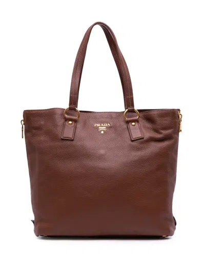 Pre-owned Prada 2000-2025 Vitello Daino Side Zip Shopper Tote Bag In Brown