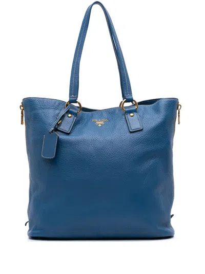 Pre-owned Prada 2000-2025 Vitello Daino Side Zip Shopper Tote Bag In Blue