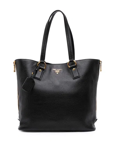 Pre-owned Prada 2000-2025 Vitello Daino Side Zip Tote Bag In Black