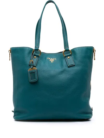 Pre-owned Prada 2000-2025 Vitello Daino Side Zip Tote Bag In Blue