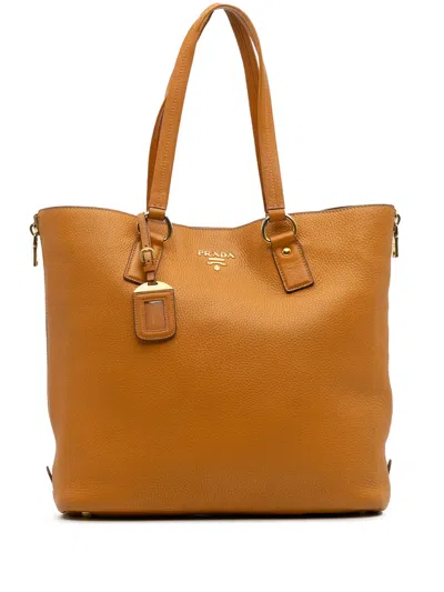 Pre-owned Prada 2000-2025 Vitello Daino Side Zip Tote Bag In Brown