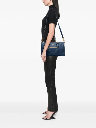 Pre-owned Prada 2000-2025 Vitello Daino Zip Top Satchel In Blue