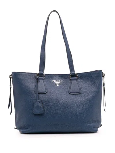 Pre-owned Prada 2000-2025 Vitello Phenix Side Zip Shopper Tote Bag In Blue