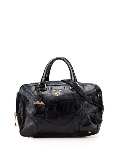 Pre-owned Prada 2000-2025 Vitello Shine Bauletto Satchel In Black