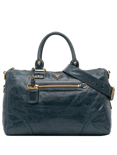 Pre-owned Prada 2000-2025 Vitello Shine Zip Top Satchel In Blue
