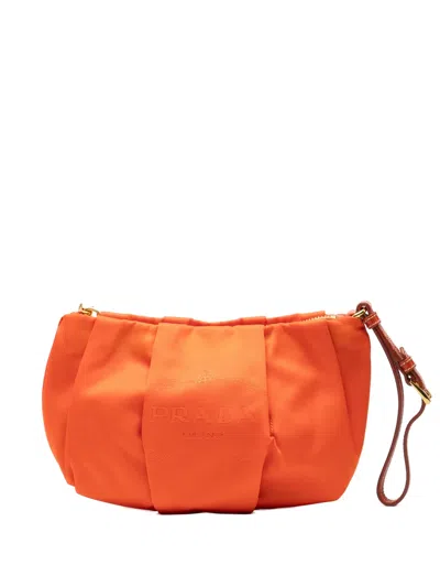 Pre-owned Prada 2000-2026 Tessuto Canapa Logo Wristlet Clutch Bag In Orange