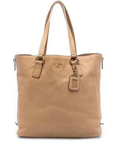 Pre-owned Prada 2000-2026 Vitello Daino Side Zip Shopper Tote Bag In Brown