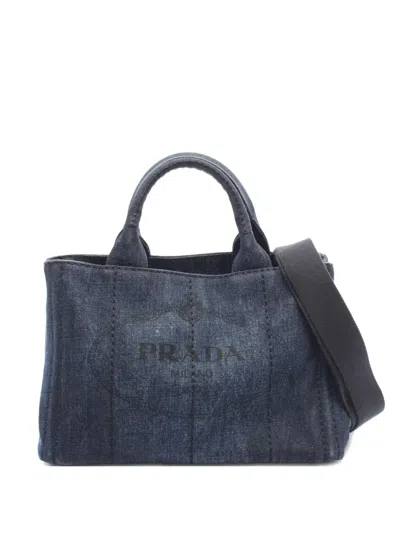 Pre-owned Prada 2000's Canapa Denim Tote Bag In Blue