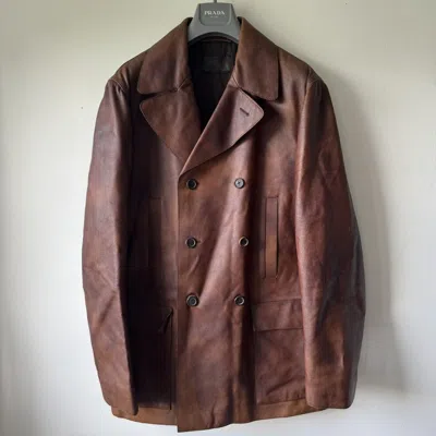 Pre-owned Prada 2000's Double Breasted Patina Leather Overcoat Jacket In Brown