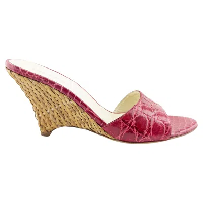 Pre-owned Prada 2000's  Red Faux Croc And Wicker Wedge Slides