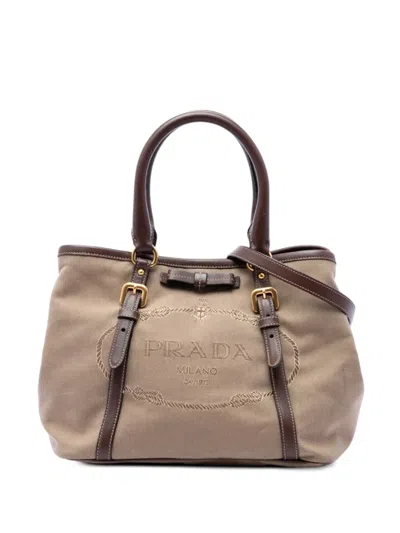 Pre-owned Prada 2000-2012 Canvas Canapa Logo Bow Satchel In Neutrals
