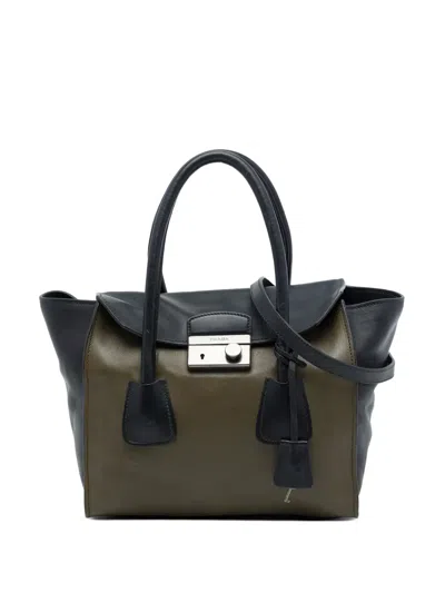 Pre-owned Prada 2000-2013 Bicolor Glace Calf Sound Lock Satchel In Brown