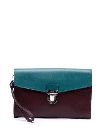 Pre-owned Prada 2000-2013 Bicolor Saffiano Envelope Push Lock Clutch Bag In Red
