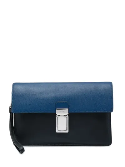 Pre-owned Prada 2000-2013 Bicolor Saffiano Push Lock Clutch Bag In Black