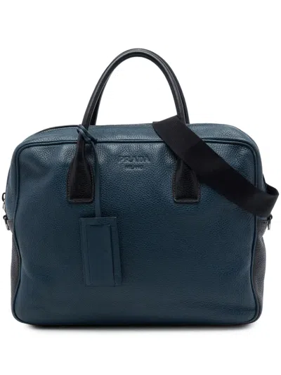Pre-owned Prada 2000-2013 Bicolor Vitello Daino Business Bag In Blue