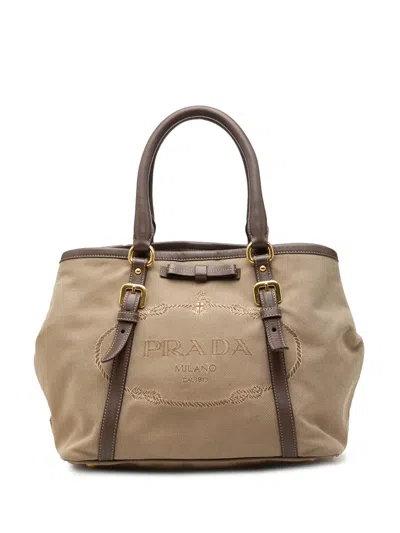 Pre-owned Prada 2000-2013 Canvas Canapa Logo Bow Satchel In Neutrals