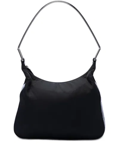 Pre-owned Prada 2000-2013 Croc Embossed Leather Trimmed Tessuto Shoulder Bag In Black