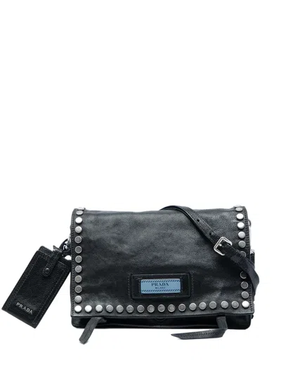 Pre-owned Prada 2000-2013 Glace Calf Studded Etiquette Flap Satchel In Black