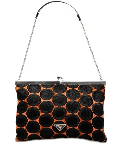 Pre-owned Prada 2000-2013 Jacquard Kisslock Clutch With Chain Shoulder Bag In Black