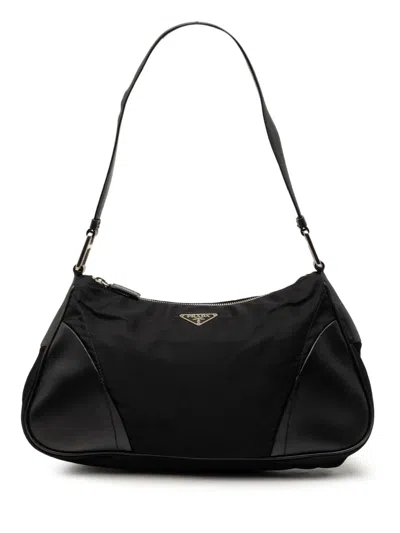 Pre-owned Prada 2000-2013 Leather Trimmed Tessuto Shoulder Bag In Black