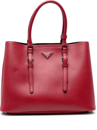 Pre-owned Prada 2000-2013 Medium Saffiano Cuir Double Handle Satchel In Red