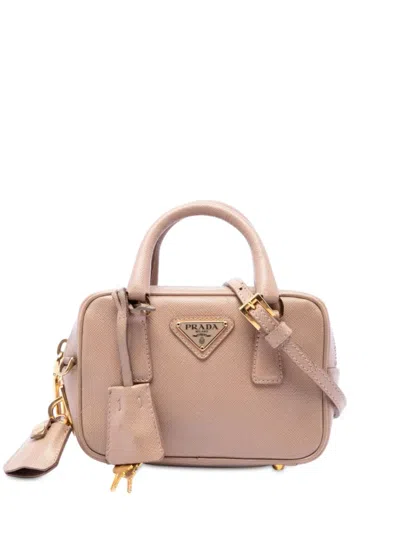 Pre-owned Prada 2000-2013 Mini Saffiano Lux Bauletto Bag Satchel In Brown
