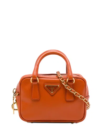 Pre-owned Prada 2000-2013 Mini Saffiano Lux Bauletto Bag Satchel In Orange