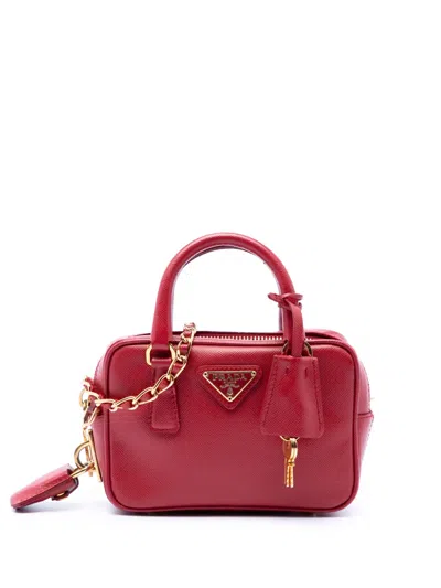 Pre-owned Prada 2000-2013 Mini Saffiano Lux Bauletto Bag Satchel In Red