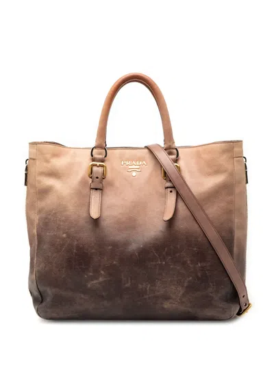 Pre-owned Prada 2000-2013 Ombre Vitello Daino Side Zip Convertible Tote Satchel In Brown