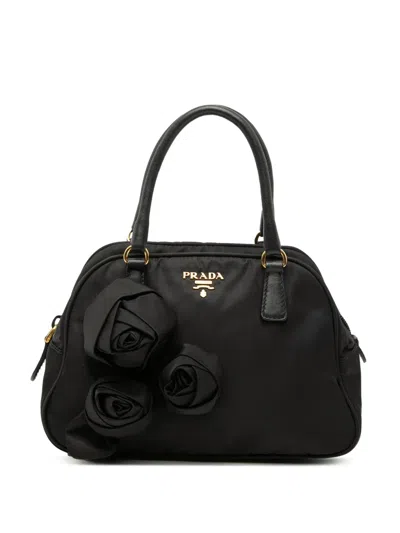 Pre-owned Prada 2000-2013 Rose Embellished Tessuto Handbag In Black