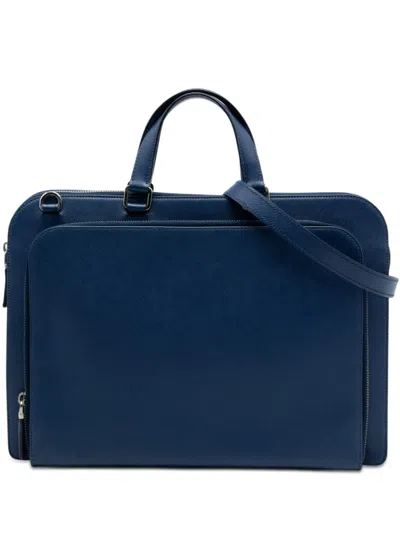 Pre-owned Prada 2000-2013 Saffiano Cuir Travel Front Zip Pocket Briefcase Business Bag In Blue