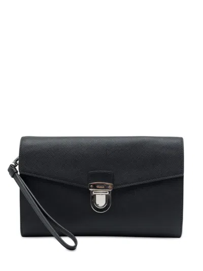 Pre-owned Prada 2000-2013 Saffiano Envelope Push Lock Clutch Bag In Black