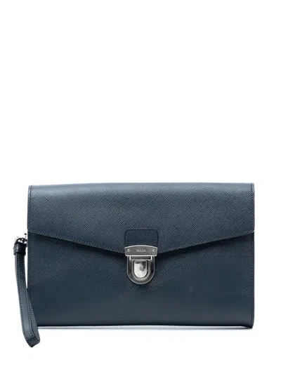 Pre-owned Prada 2000-2013 Saffiano Envelope Pushlock Clutch Bag In Blue