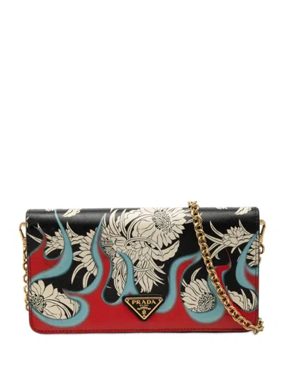 Pre-owned Prada 2000-2013 Saffiano Floral Flame Print Wallet On Chain Crossbody Bag In Black