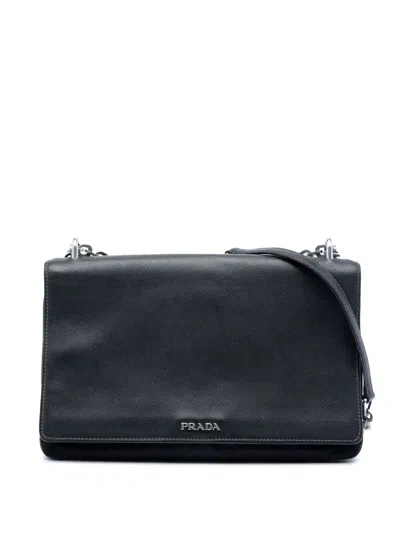 Pre-owned Prada 2000-2013 Saffiano Lux And Tessuto Chain Crossbody Bag In Black