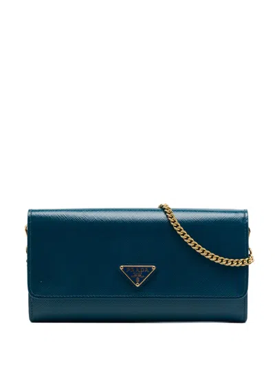 Pre-owned Prada 2000-2013 Saffiano Lux Wallet On Chain Crossbody Bag In Blue