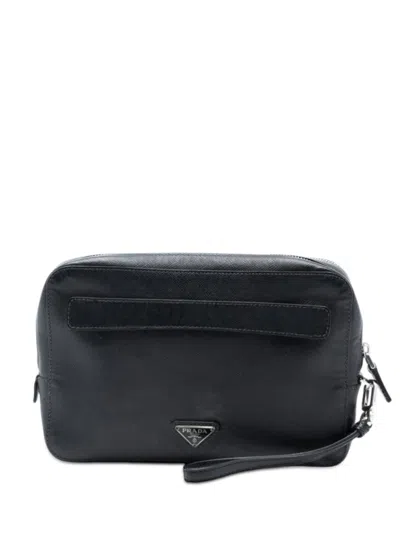 Pre-owned Prada 2000-2013 Saffiano Portfolio Zip Clutch Bag In Black