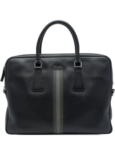 Pre-owned Prada 2000-2013 Saffiano Striped Business Bag In Black