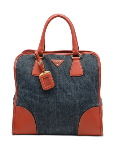 Pre-owned Prada 2000-2013 Saffiano Trimmed Denim Open Convertible Tote Satchel In Brown