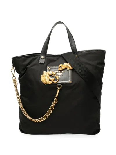Pre-owned Prada 2000-2013 Saffiano Trimmed Tessuto Animalier Dragon Satchel In Black