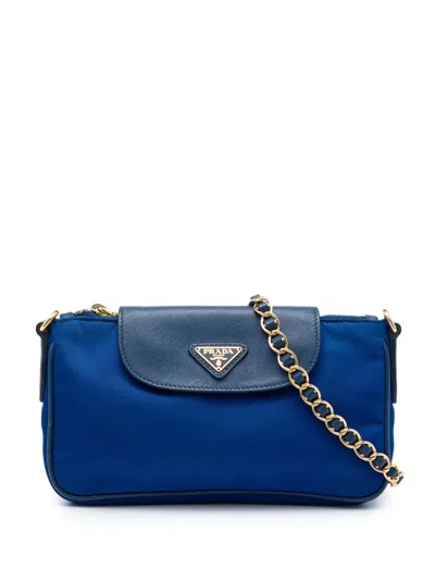 Pre-owned Prada 2000-2013 Saffiano Trimmed Tessuto Chain Crossbody Bag In Blue