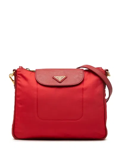 Pre-owned Prada 2000-2013 Saffiano Trimmed Tessuto Crossbody Bag In Red