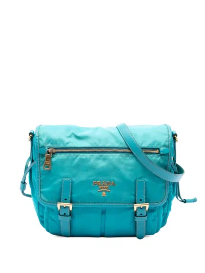 Pre-owned Prada 2000-2013 Saffiano Trimmed Tessuto Zip Double Buckle Messenger Bag Crossbody Bag In Blue