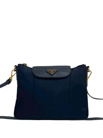 Pre-owned Prada 2000-2013 Saffiano Trimmed Tessuto Zip Top Crossbody Bag In Blue