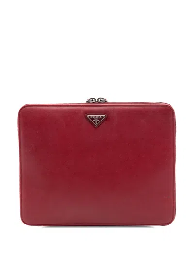 Pre-owned Prada 2000-2013 Saffiano Zip Around Ipad Case Clutch Bag In Red